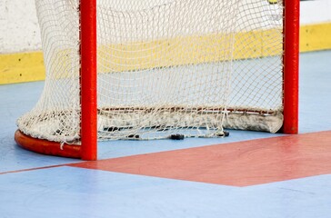 Porta da hockey inline con puck, in arena al coperto
