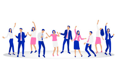 Group of young joyous happy business men and women, celebrating character, isolated on a white background. Happy people in office suits in different poses. Vector illustration in flat cartoon style