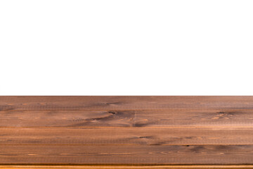 Empty wood table isolated on white. Brown wooden board for display or montage product.