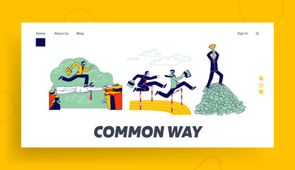 Careerist Landing Page Template. Business Man Character Run on Stadium Jumping over Barrier. Businessman Walk over Colleague Head Stand on Top of Money Pile with Cup. Linear People Vector Illustration