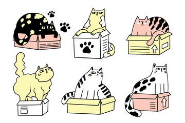 Collection of funny cats in boxes. Bundle of various cartoon cats isolated on white background. Hand drawn vector illustration