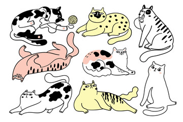 Collection of funny cats. Bundle of various cartoon cats isolated on white background. Hand drawn vector illustration