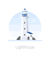 Vector illustration of lighthouse, path lighting. Searchlight tower with seagull for marine navigation of ships. Flat lighthouse building icon. Marine and ocean theme seaside background.