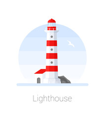 Vector illustration of lighthouse. Searchlight tower with seagull for marine navigation of ships. Flat lighthouse building icon. Marine and ocean theme seaside background.