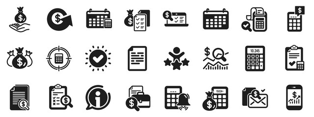 Obraz premium Set of Calculation, Check investment. Accounting report icons. Calendar, Banking account and Finance report documents icons. Bill, Calculate income and Wealth auditing signs. Vector