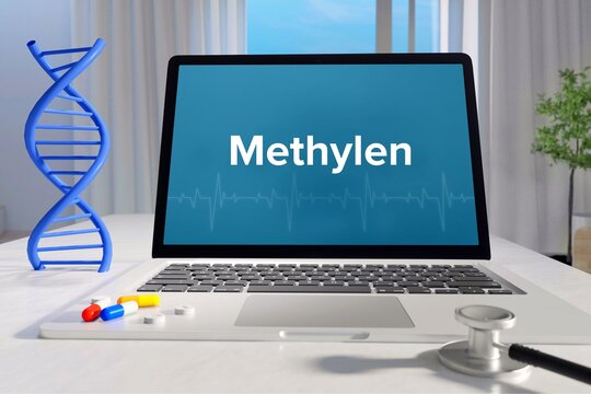 Methylen. Laptop mit Begriff/Text auf Monitor. Computer von Arzt im B&uuml;ro. DNA und Stethoskop. Medizin, Gesundheitswesen