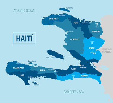 Haiti country, island political map. Detailed vector illustration with isolated provinces, regions, departments and cities, easy to ungroup.