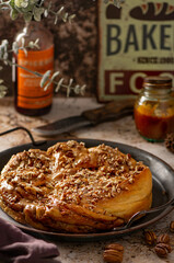 Swirl brioche with nuts and salted caramel. Roll bread, Babka. Traditional Polish sweet Christmas bread.