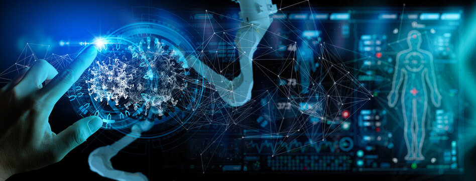 Medicine doctor sciene hand with Ai robotics research and analysis. Diagnose checking coronavirus or covid-19 vaccine research with virtual screen in laboratory