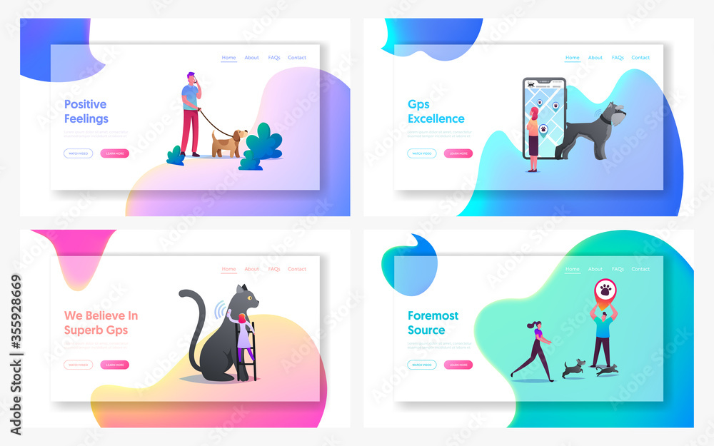 Poster owners use gps control trackers on pets landing page template set. tiny characters at huge smartphon