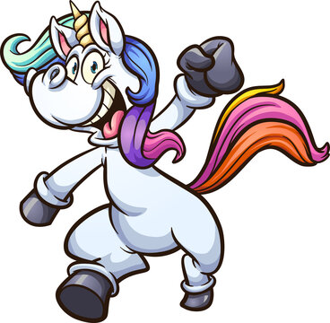Happy cartoon unicorn jumping with fist up. Vector clip art illustration with simple gradients. Some elements on separate layers.
