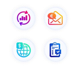 Euro money, Update data and World money icons simple set. Button with halftone dots. Checklist sign. Receive cash, Sales chart, Global markets. Survey. Finance set. Vector