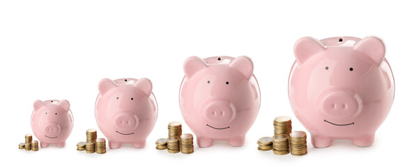 Cute piggy banks of different sizes on white background