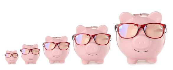 Cute piggy banks of different sizes on white background