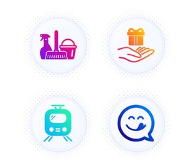 Loyalty program, Train and Household service icons simple set. Button with halftone dots. Yummy smile sign. Gift, Tram, Cleaning equipment. Emoticon. Business set. Vector