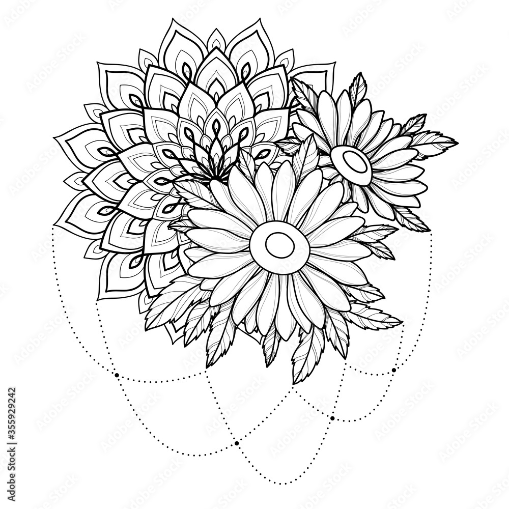 Wall mural hand drawing chamomile flower with mandala ornament for greeting card, invitation, henna drawing and