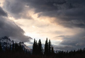 Dramatic sky with moody clouds, shot  shortly after the storm and just before sunset, at Canmore, Alberta, Canada
