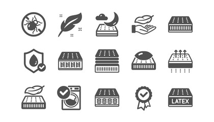 Mattress icons set. Memory foam, Breathable, latex. Washable pillow, bed tick icons. Light weight, natural material, pocket sprung mattress. Bed mite, antiallergic latex. Quality set. Vector