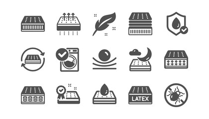 Mattress icons set. Washable, latex, memory foam. Breathable pillow, bed tick icons. Light weight, natural material, pocket sprung mattress. Bed mite, antiallergic latex. Quality set. Vector