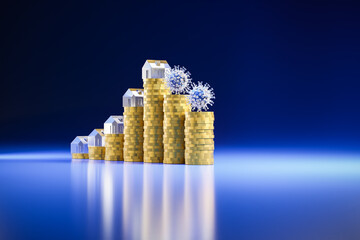 3d render: Concept: decline of housing prices because of the corona crisis. Rising stacks of coins...