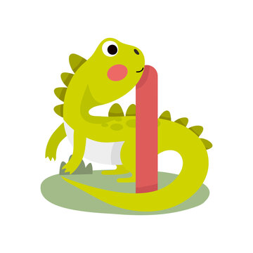 Vector cute kids animal alphabet. Letter I for the iguana. Cute Animal Vector illustration iguana.