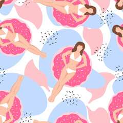 Colorful fun summer seamless pattern with tropical leaves, flowers, beach and summer accessories. Beach and summertime vacation holidays repeating background for fabric, textile, branding