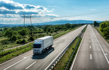 Light Blue Transportation Truck on a four lane Highway through the rural landscape with a beautiful blue sky and soft clouds