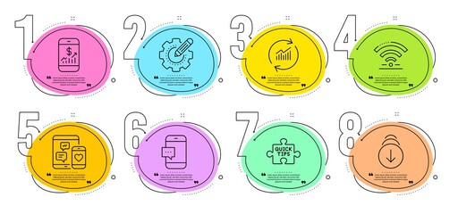 Social media, Settings gear and Quick tips signs. Timeline steps infographic. Smartphone message, Mobile finance and Update data line icons set. Wifi, Scroll down symbols. Vector