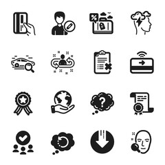 Set of Technology icons, such as Face search, Question mark. Certificate, approved group, save planet. Recovery data, Download arrow, Payment card. Search car, Edit person, Contactless payment. Vector