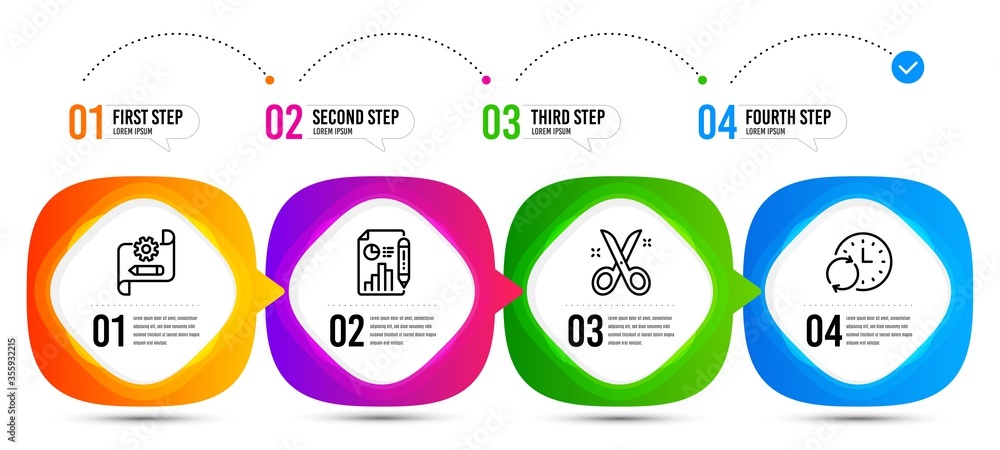 Poster cogwheel blueprint, report document and update time line icons set. timeline steps. scissors sign. e