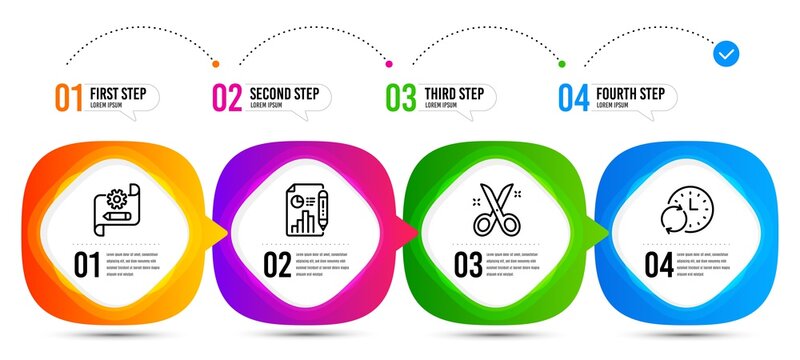 Cogwheel blueprint, Report document and Update time line icons set. Timeline steps. Scissors sign. Edit settings, Growth chart, Refresh clock. Cutting tool. Science set. Vector