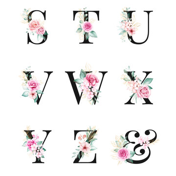 Floral alphabet set of letters S, T, U, V, W, X, Y, Z, & with watercolor flowers and gold glitter composition. Botanic decoration multi-purpose for logo, wedding cards, etc
