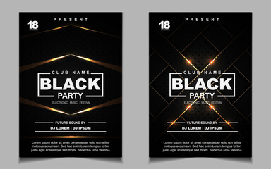 Night party music layout poster design template background with elegant black and light gold style. Luxury cover electro style vector for concert disco, club party, event flyer,  invitation nightclub