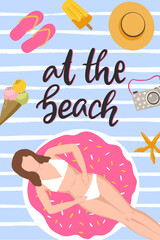 Summer card poster design with girl on a donut swim ring and hand dwritten lettering in scandinavian style. Vector hand drawn illustration