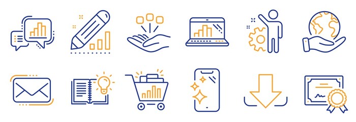 Set of Technology icons, such as Seo shopping, Messenger mail. Certificate, save planet. Smartphone clean, Download, Product knowledge. Graph laptop, Employee, Edit statistics. Vector