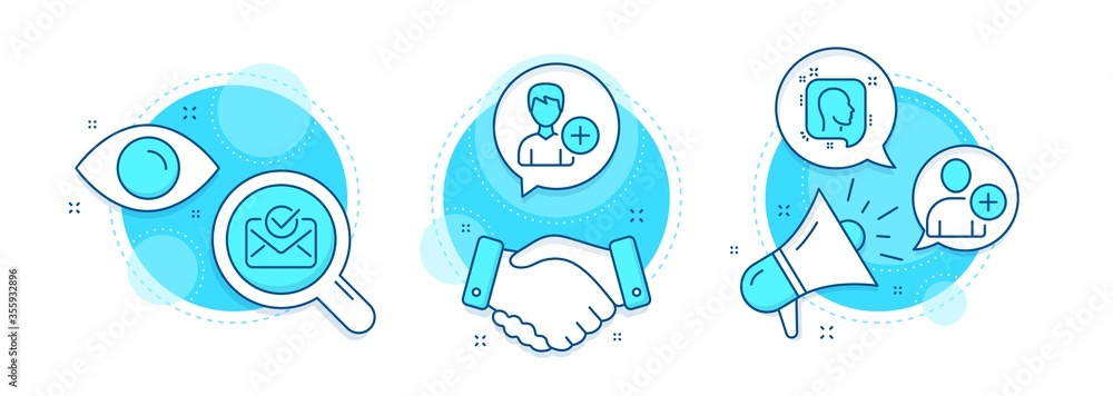 Poster head, add user and add person line icons set. handshake deal, research and promotion complex icons. 