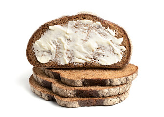A slice of black rye bread spread with butter on a white background. Isolated object, a concept for culinary design.