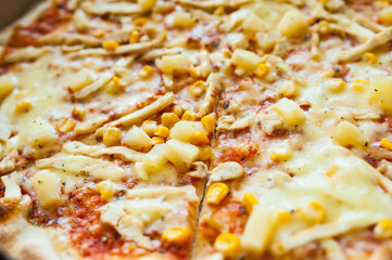 fresh pizza Margarita with cheese meat and vegetables. Delicious fast food Italian classic.