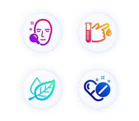 Leaf, Face search and Blood donation icons simple set. Button with halftone dots. Medical pills sign. Nature leaves, Find user, Medicine analyze. Drugs. Healthcare set. Gradient flat leaf icon. Vector