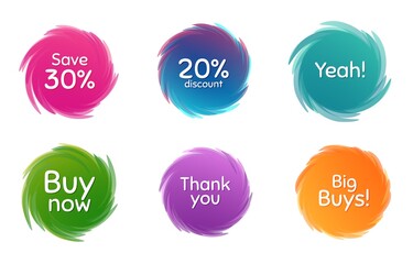 Swirl motion circles. Buy now, 20% discount and save 30%. Thank you phrase. Sale shopping text. Twisting bubbles with phrases. Spiral texting boxes. Big buys slogan. Vector