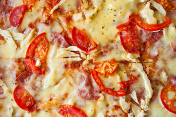 fresh pizza Margarita with cheese meat and vegetables. Delicious fast food Italian classic.