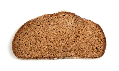 Slice of black rye bread on a white background. Isolated object, a concept for culinary design.