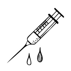 Set with syringe and drops: simple hand drawn vector illustration in black and white