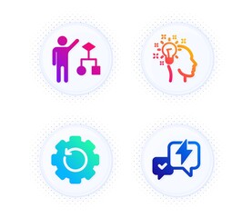 Recovery gear, Idea and Algorithm icons simple set. Button with halftone dots. Lightning bolt sign. Backup info, Creative designer, Developers job. Messenger. Education set. Vector