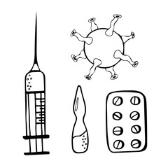 Set with syringe, virus, blister and vial: simple hand drawn vector illustration in black and white