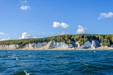 Blue ocean and famous white chalk coast on the island of Rügen in Germany