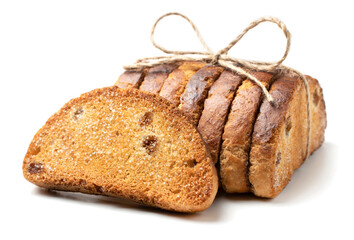 Sweet rusks with raisins sprinkled with sugar on a white background. Isolated image, a concept for your design.