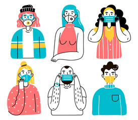 People in protective medical face masks. Illustration of men and women, male and female wearing medical masks protecting themselves from th virus, urban air pollution, contaminated air,world pollution