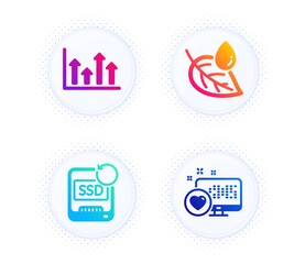 Leaf dew, Upper arrows and Recovery ssd icons simple set. Button with halftone dots. Heart sign. Water drop, Growth infochart, Backup info. Social media. Business set. Vector