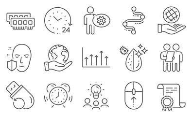 Set of Science icons, such as Time management, Survey. Diploma, ideas, save planet. Face protection, Cogwheel, Swipe up. Flash memory, Timeline, Safe planet. Vector